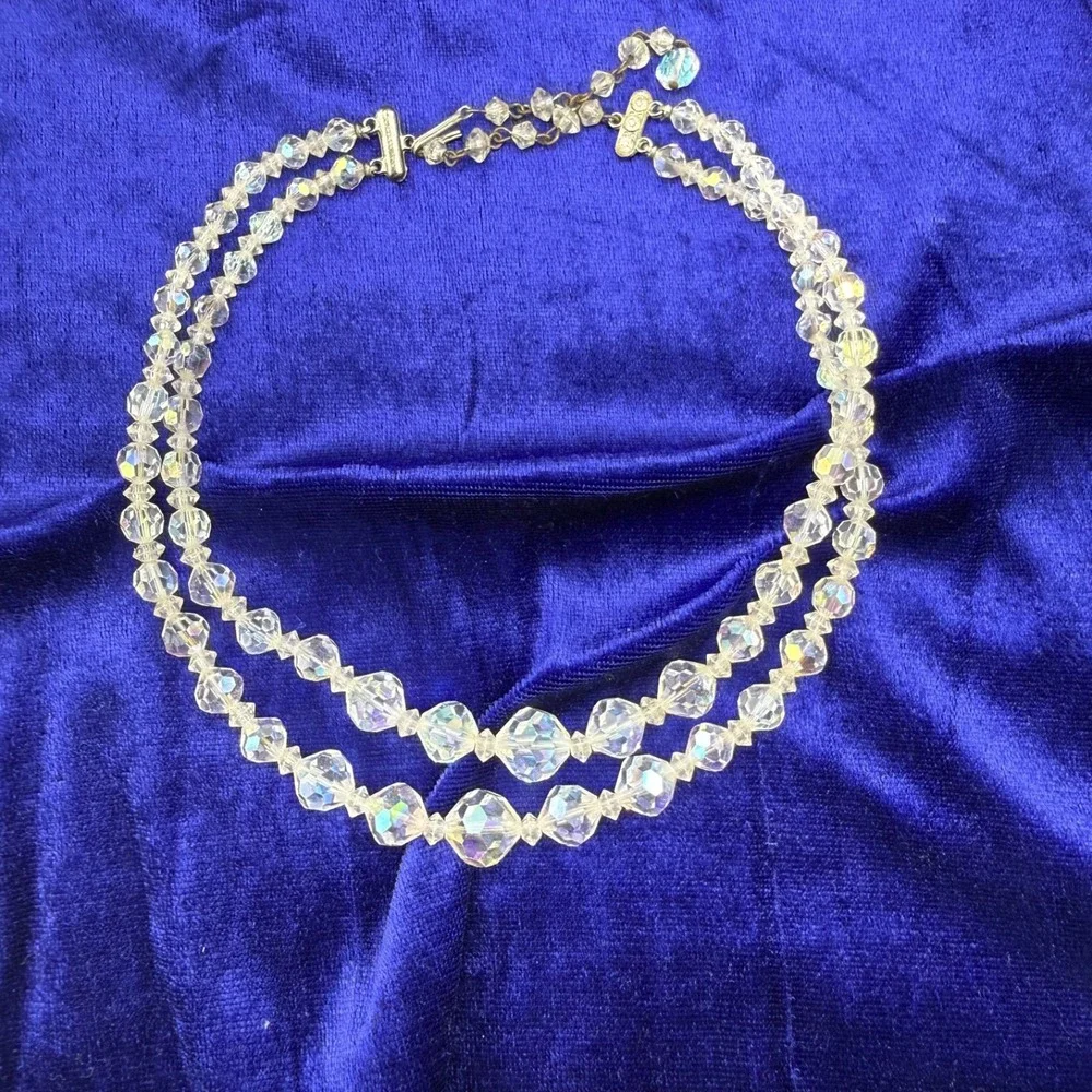 Vintage Faceted‎ Glass Necklace AB Layered 14